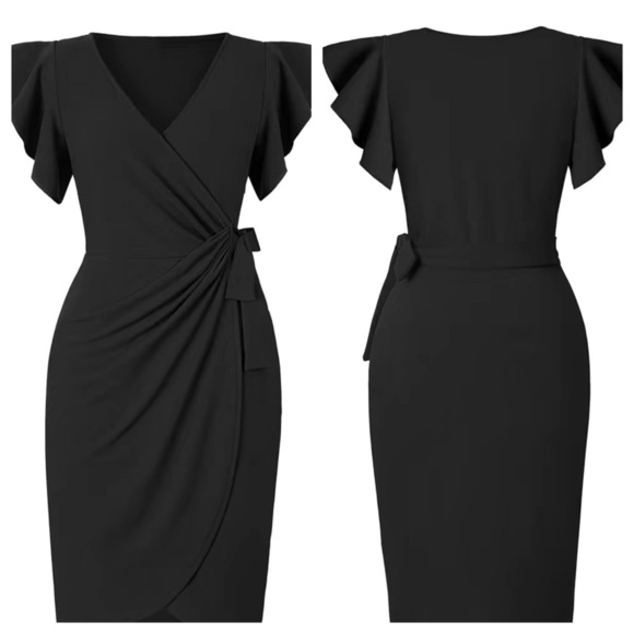 Black Ruffle Sleeve V Neck Wrap Bodycon Dress - Picture 2 of 4